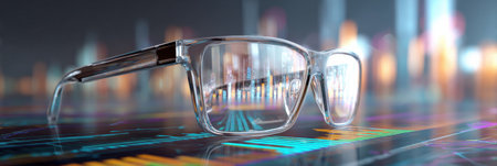 Glasses show a vivid augmented reality scene with holographic graphics of a bustling cityscape, highlighting future technology.の素材