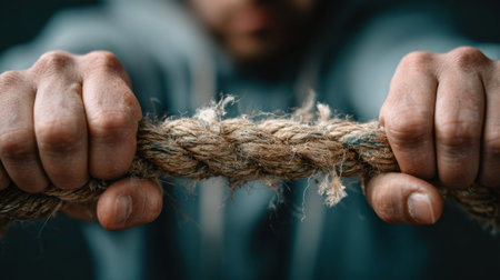 Struggling to untangle a rope knot, the person captures the essence of facing inner challenges and working through problems in life.の素材
