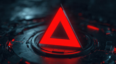 A red triangle alert symbol emits a glow on a high-tech interface, signaling a critical error in an advanced technology environment.の素材