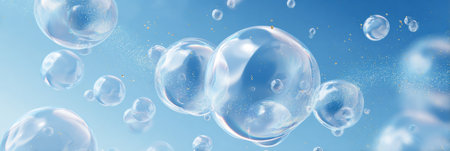 Delicate transparent bubbles appear against a calming blue backdrop, evoking freshness and promoting skincare themes.の素材