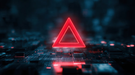 Red warning triangle signals a data problem in a complex digital landscape highlighting system failure and alerts.の素材
