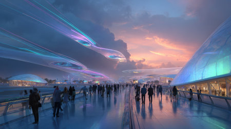 Visitors stroll along a futuristic boardwalk at dusk, surrounded by floating pavilions and soft neon trails reflecting a hopeful vibe.の素材