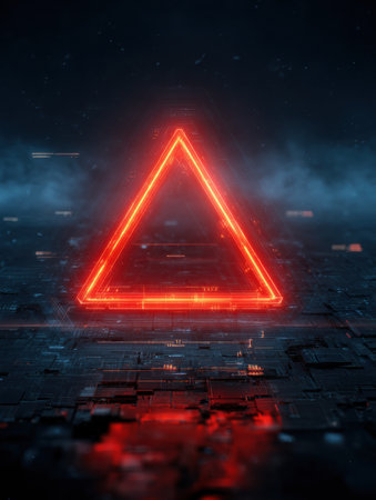 A bright red triangle alert symbol shines against a futuristic backdrop, conveying danger and system issues in a digital environment.の素材