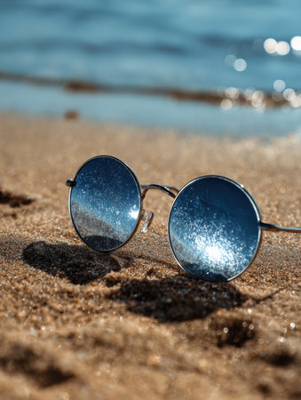 Stylish sunglasses sit on sandy beach, reflecting the ocean under the bright summer sun, evoking a relaxing coastal vibe.の素材