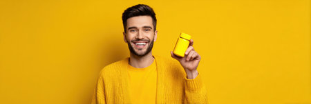 A joyful man wearing a yellow sweater holds a vitamin jar while showing a cheerful health and wellness theme in a bright yellow environment.の素材