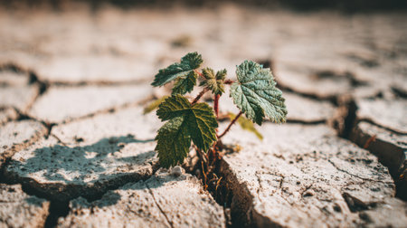 A small green plant thrives in cracked, dry soil, showing the power of survival against tough environmental challenges.の素材