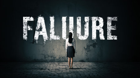 A woman stands alone in a dimly lit area, facing a large word failure on the wall, expressing feelings of inadequacy and fear of judgment.の素材