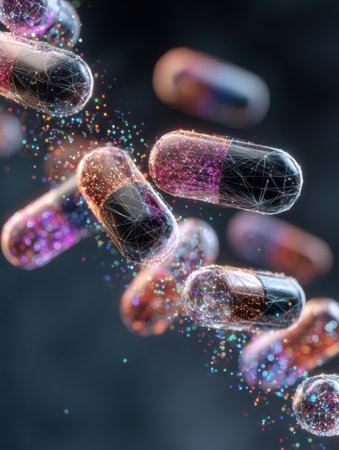 Capsules explode into vibrant light particles, illustrating themes of energy and vitality in a vivid display.の素材