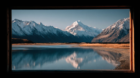 A peaceful mountain landscape unfolds before a tranquil lake, showing stunning reflections and clear skies during the day.の素材