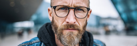 A man with a full beard and stylish glasses poses in an urban setting, showcasing his unique fashion against a clear background.の素材
