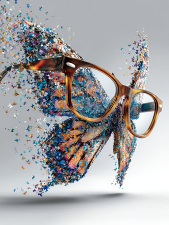 Glasses morph into butterfly wings, representing the concept of creative vision and transformation in a stunning colorful scene.の素材