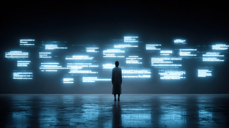 A man stands in front of a large error screen displaying numerous warning messages, reflecting on a system crash or data issue.の素材
