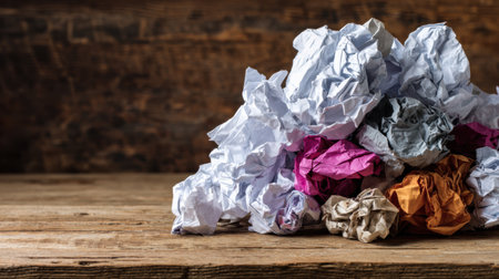 A pile of crumpled papers rests on a wooden table, representing the struggle with creative block and the frustration of problem-solving.の素材
