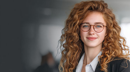 Woman in business attire with glasses smiles confidently in an office environment, conveying professionalism and engagement in her work.の素材