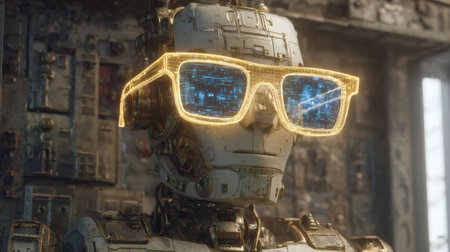 Robot tailor focuses on creating a futuristic smart glasses frame while a glowing blueprint illuminates the workspace.の素材