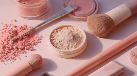 Flat lay arrangement showcases various cosmetic textures in creamy pastel shades, highlighting beauty products for a soft makeup styleの素材