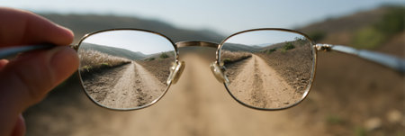 A person holds glasses up, revealing a dirt path surrounded by nature, embodying the theme of reality versus illusion in a tranquil setting.の素材