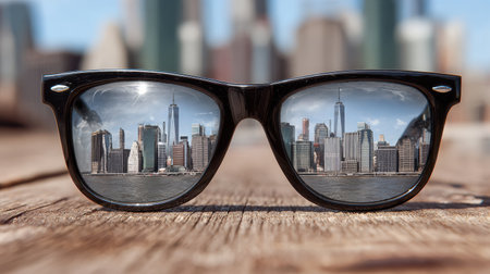 Sunglasses reflect a stunning skyline as bright sunlight highlights the skyscrapers, capturing the adventure of city life.の素材
