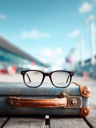 Glasses sit on the handle of a suitcase at an airport, capturing the essence of travel and the anticipation of new adventures ahead.の素材