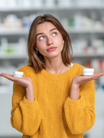 Woman holds two skincare products in her hands while considering their differences against a blurred shelf backdrop.の素材