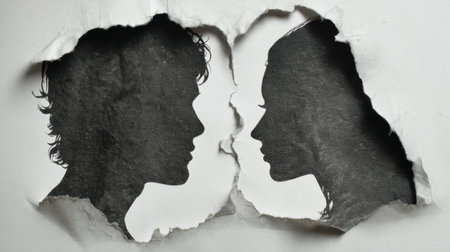Raw torn silhouettes of two faces reflect emotional distance and regret, capturing the feeling of separation and longing.の素材