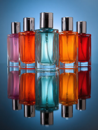 Colorful cosmetic bottles stand in a symmetrical arrangement, creating a striking visual effect with their reflection shadow and empty space above.の素材