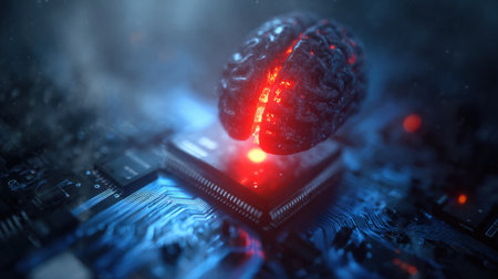 A futuristic AI brain is shown experiencing a system error, featuring glowing red lights amidst a digital circuit background.の素材