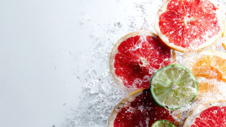Juicy citrus fruits mix with splashing water, creating a refreshing scene on a bright white background, perfect for summer.の素材