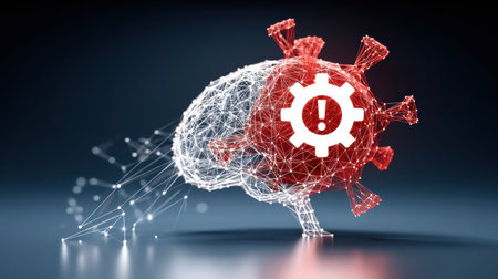 A futuristic AI brain displays a system error symbol, representing a machine malfunction in a digital setting.の素材
