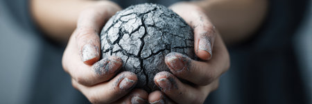 Hands cradle a cracked earth globe, illustrating the pressing issues facing humanity and the urgent need to address global challenges.の素材