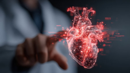 A doctor uses advanced technology to manipulate a holographic heart icon, demonstrating the integration of AI in healthcare for patient care.の素材