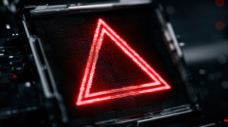 A red warning triangle is prominently displayed, signaling a serious system malfunction related to data issues in a digital setting.の素材