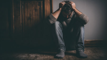 A man sits on the floor with his hands on his head, visibly distressed and reflecting on life challenges in a dim space.の素材