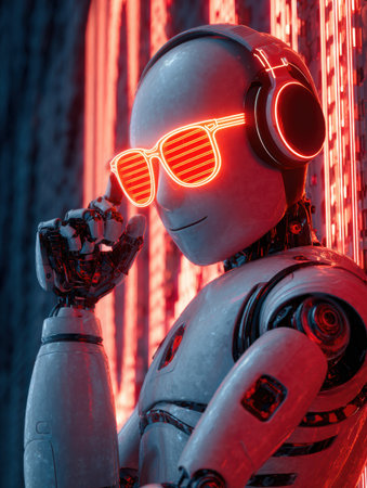 Robotic DJ with glowing sunglasses plays energetic music at a lively night event, creating an electrifying vibe for attendees.の素材
