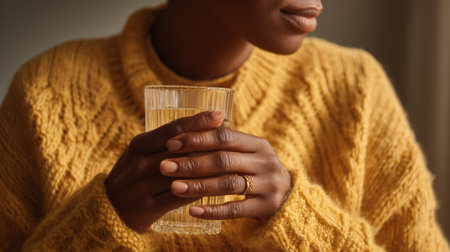 A woman holds a glass of water close to her chest, dressed in a warm yellow sweater, embracing hydration at home in soft lighting.の素材