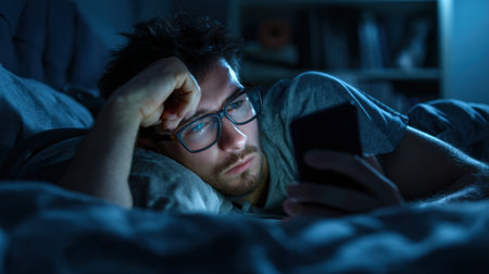 Late at night, a young man lies in bed, scrolling through his phone and showing signs of exhaustion as he rubs his eyes.の素材