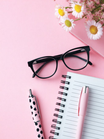 This workspace setup features black glasses, a lined notebook, and a polka-dot pen arranged neatly on a soft pink surface, ideal for planning.の素材