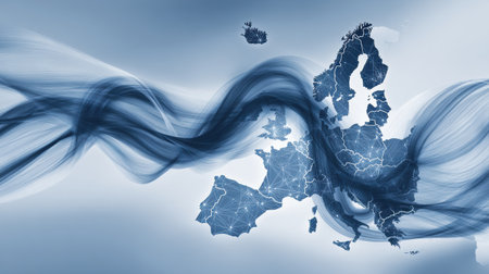 Data ribbons weave across a map of Europe, showcasing a visual representation of digital connectivity in soothing blue tones.の素材