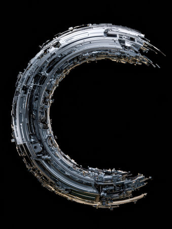 An abstract wave of metallic components forms the outline of a car, depicting energy in motion against a dark background.の素材