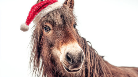 This adorable horse is captured in a holiday spirit, donning a festive Santa hat, making it perfect for seasonal cheer.の素材