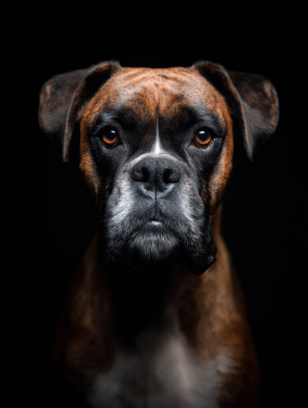Close-up of a boxer dog displaying a serious expression, set against a dark background, highlighting its striking features and presence.の素材