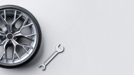 Car wheel rests beside a wrench on a white surface, highlighting vehicle service tools and maintenance work.の素材