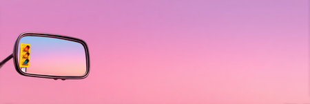A car mirror reflects colorful skies and a traffic signal, highlighting smooth gradients in the background and leaving ample space for text.の素材