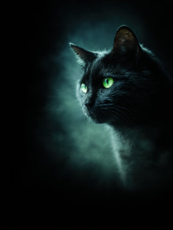 A black cat with striking green eyes gazes intensely into the shadows against a dark gradient backdrop, creating a mystical vibe.の素材