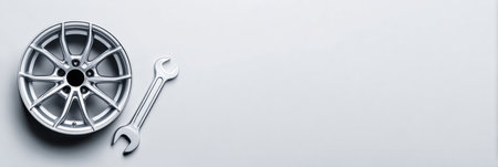 A shiny car wheel is placed next to a wrench on a clean white background, creating a simple yet effective service message.の素材
