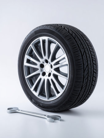 A car wheel stands beside a wrench on a white background, illustrating car service and tire maintenance concepts for vehicle owners.の素材