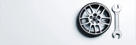 A shiny car wheel placed next to a wrench on a clean white surface, illustrating vehicle service and maintenance concepts.の素材