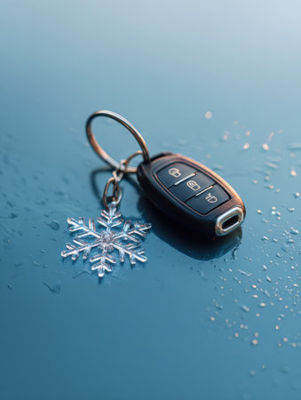 Car key lies on a blue surface, highlighting a delicate snowflake reflection in a serene winter atmosphere.の素材
