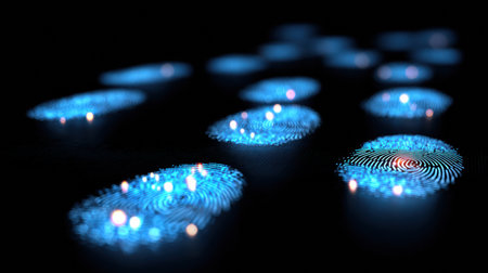 Glowing fingerprints appear against a dark background, highlighting themes of security and digital identification in a modern context.の素材