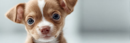 Close-up of a Chihuahua puppy showing its curious eyes and soft fur in a pastel background, creating a serene and adorable atmosphere.の素材
